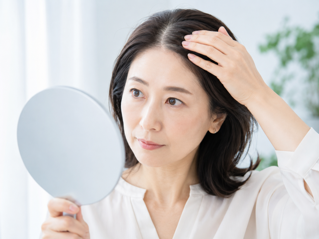 頭皮アートメイクが不自然に見えないか分け目を確認する女性