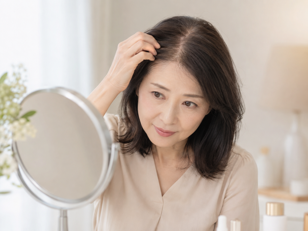 分け目の地肌を鏡で確認する女性